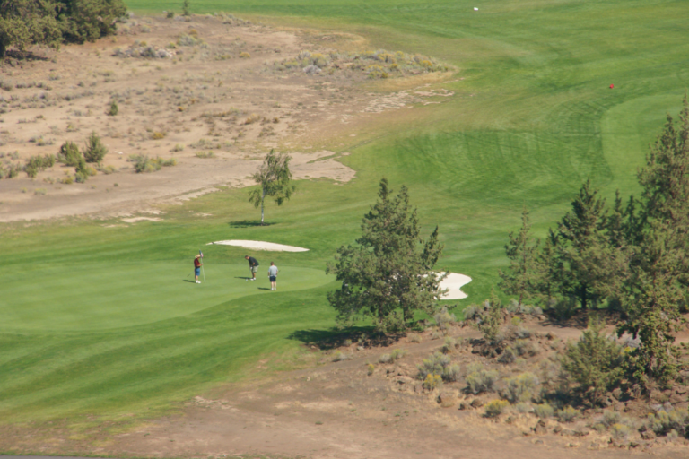 Golfers on a green putting surface surrounded by trees and turf, illustrating Smithco's turf management equipment in a golf course setting.